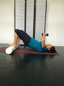 lisa in bridge with weights and foam roller